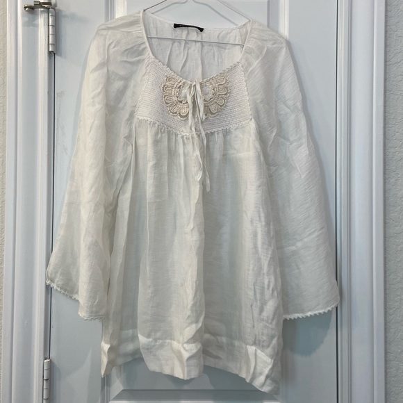 BCBGMaxazria Semi Sheer Peasant Embroidered Blouse Top - Picture 2 of 11